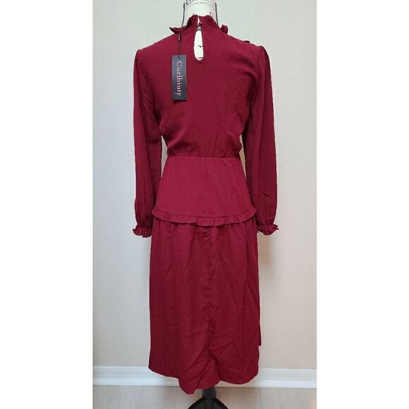 NWT Modest Elegant Long Sleeve Retro Vintage Victorian Ruffle Red Midi Dress L - Picture 14 of 16